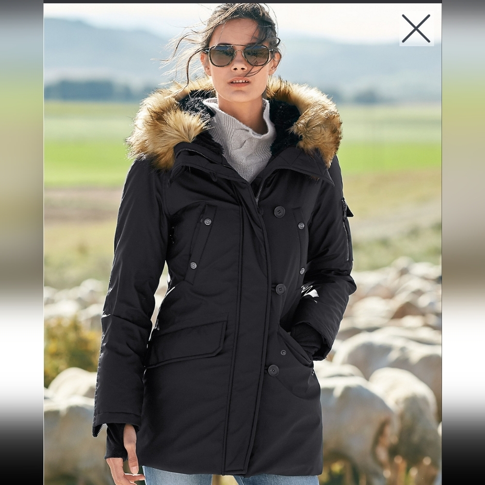 S13 Eskimo Down-Fill Faux-Fur Trim Parka in Black - Size M #C72 excellent cond.